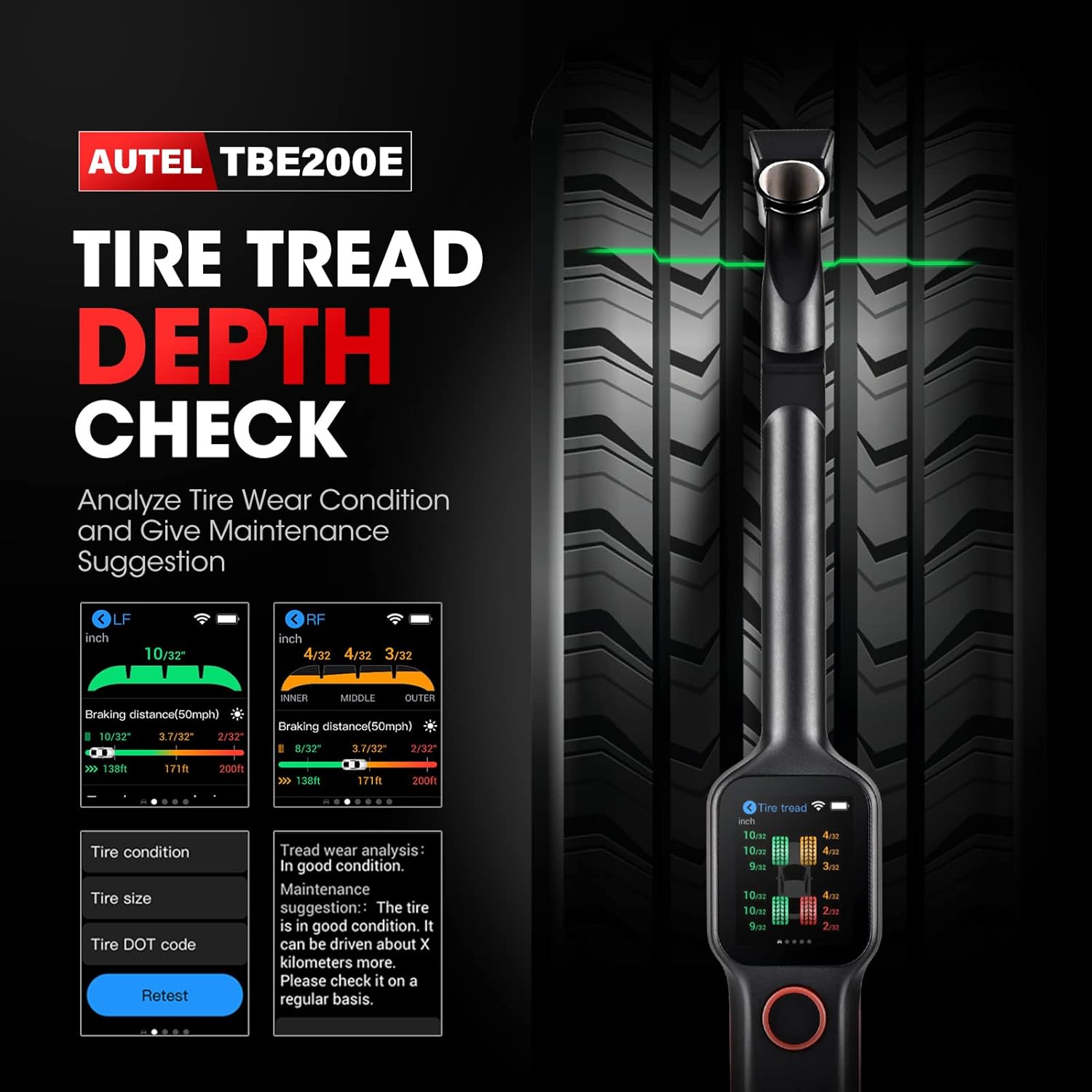 Autel TPMS Scan Tool TBE200E : Tire Tread Depth Scan Tool Brake Disc Wear Scanner with 1.65” AMOLED Touchscreen, Dual Cameras, DOT Scan, Tire Expiration Notice, Covering for 99% of Tires