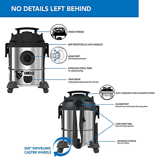 BIDZ Powerful HP Motor, Water Lift Suction Power, Heavy-Duty Stainless Steel Semi- Commercial Shop Vacuum System