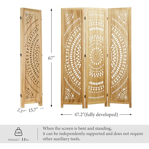 Room Divider Wood Carved Wall Divider Indoor Folding Bohemian Style Portable Partition Screen for Home Office Garden Terrace - 6 Panels (Antique, White-Washed)