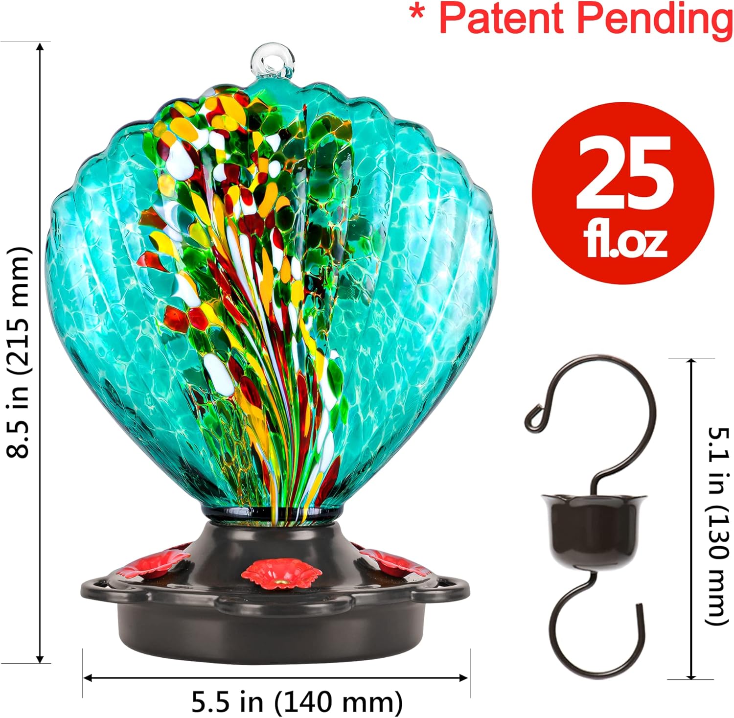 LUJII Solar Shepherds Hooks with Hand Blown Glass Hummingbird Feeder, Adjustable 4 Arms and 1 Flag Holder, Heavy Duty Garden Stand&Teal Hummingbird Feeder for Outdoor Decor, Lanterns