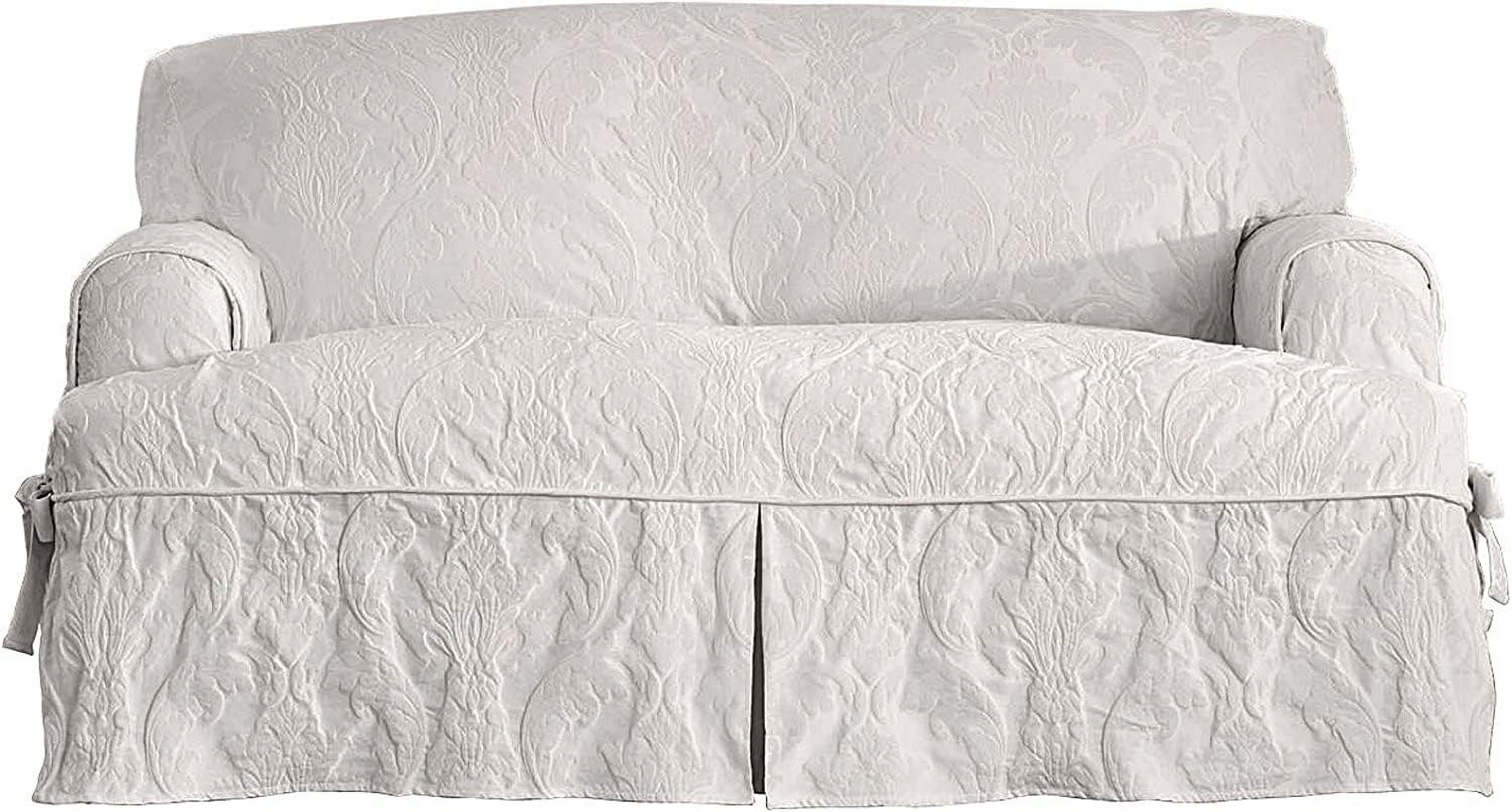 Matelasse Damask 1 Piece T-Cushion Kick Pleat Sofa Slipcover White