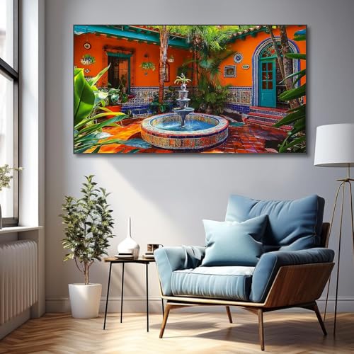 Mexican Village Wall Art,Colorful Wall Art,Mexican Canvas Wall Art,Mexican Wall Art,Large Abstract Wall Art,Large Wall Art for Living Room,Office,Entryway,Bedroom (Gold Metal Framed, 36"Wx20"H/92x52 cm)