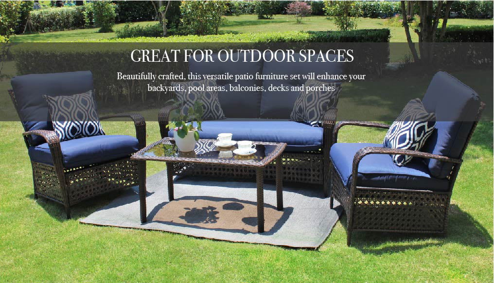 Belle Patio Amber 4 Piece Wicker Outdoor Patio Furniture Conversation Set with 4 Seats, Tempered Glass Table Top, Navy Cushions