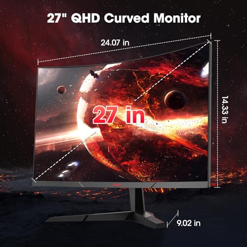 KOORUI 27 inch Gaming Monitor, QHD (2560 x 1440) R1500 180Hz Curved Monitor, AdaptiveSync with 1ms Computer Monitor, VESA Compatible, HDR10, 1 x Display Port 1.4 & 2 x HDMI 2.0, Eye Care 27E6QCA