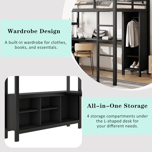 Linique Metal Loft Bed with Wardrobe & L-Shaped Desk - Sturdy Space-Saving Loft Bed Includes Storage Cubes, Shelves for Kids, Teens, Adults (White, Queen)