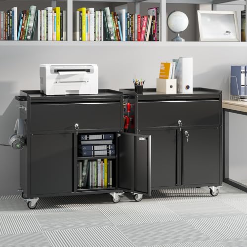 73" H Metal Storage Cabinet with Wheels, Garage Storage Cabinet with 4 Adjustable Shelves and Lockable Doors for Garage Home Office Utility Room,Required Assembly,Black