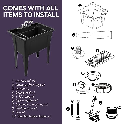 Standing Utility Sink with 1-Handle Pull-Down Gooseneck Faucet – 32” Utility Sinks for Laundry Room, Garage, Garden, Basement – Noah William Home Indoor and Outdoor Basement Wash Tub (Black)