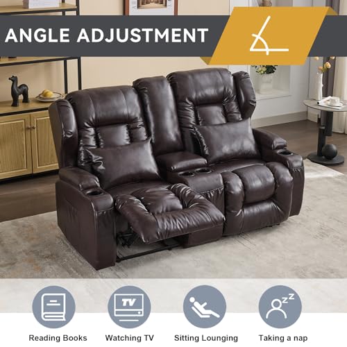 IPKIG 65.3" RV Loveseat Recliner - Faux Leather Manual Reclining Loveseat with Console, Cup Holders, Lumbar Pillow for Living Room, Bedroom, RV, Home Theater - RV Recliners Chair (Beige)