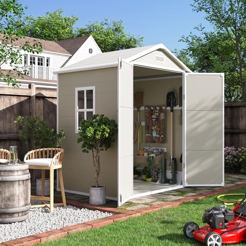 UDPATIO Outdoor Resin Storage Shed 6x4.5 FT, Plastic Garden Shed for Bike, Garbage Can, Tool, Outside Sheds with Lockable Door for Backyard, Patio, Lawn, Grey & White