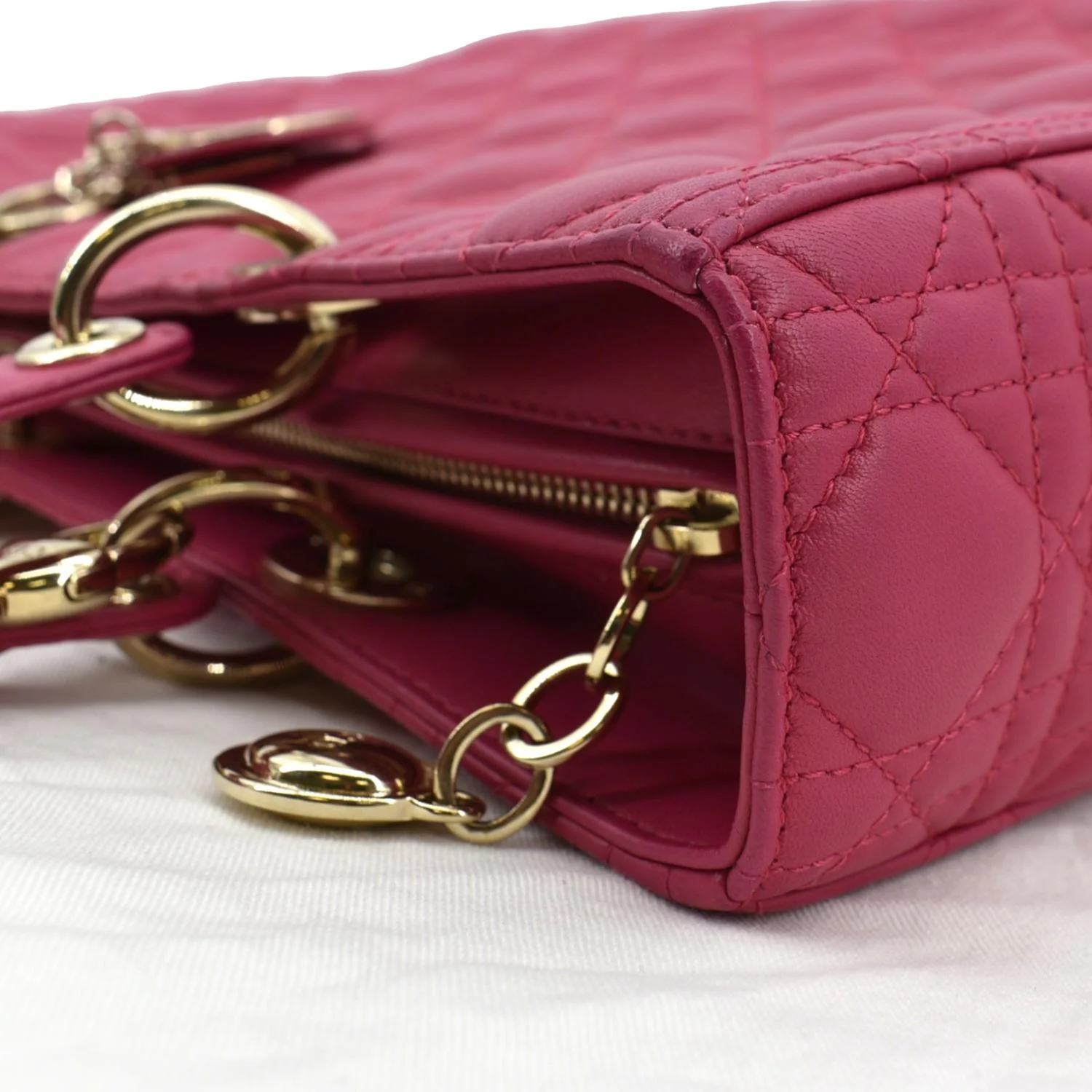 Pre-owned CHRISTIAN DIOR Large Lady Dior Cannage Lambskin Shoulder Bag Pink