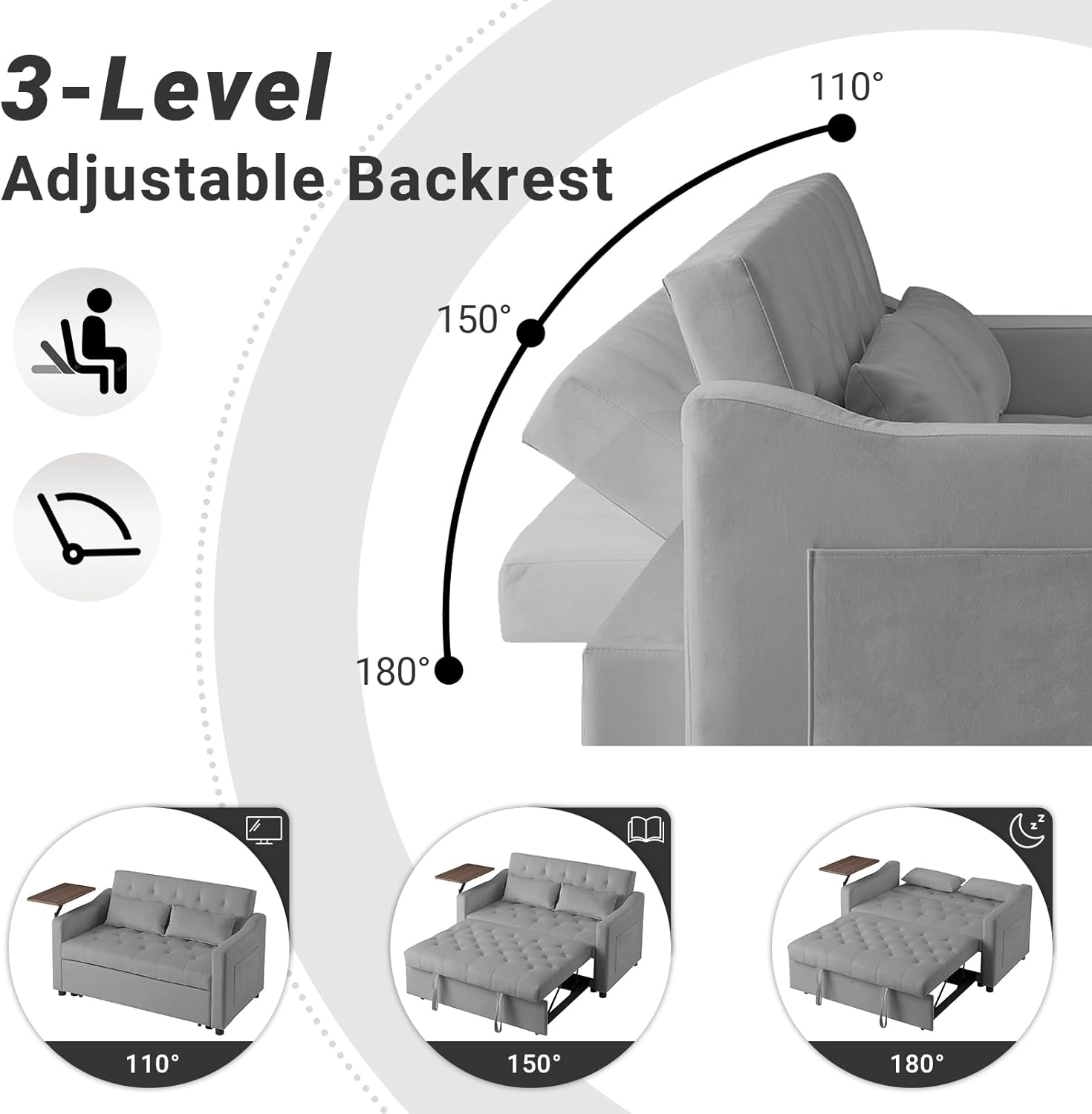 3 in 1 Convertible Couch, Pull Out Sofa Bed with 3-Level Adjustable Backrest, Sleeper Loveseat with Storage and Pillows, Modern Recliner for Living Room Apartment Office, Full Size, Gray