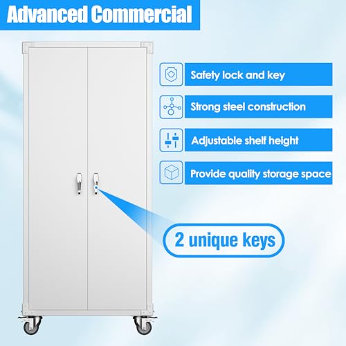 73" H Metal Storage Cabinet with Wheels, Garage Storage Cabinet with 4 Adjustable Shelves and Lockable Doors for Garage Home Office Utility Room,Required Assembly,Black