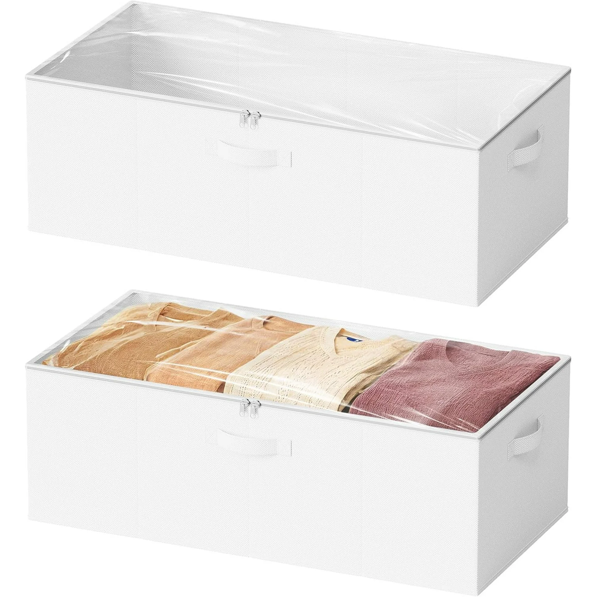 2 Pack 10 High Under Bed Storage Containers, Large Underbed Storage Organizer Bins with Lids for Bedroom, Dorm, Clothes, Closet Organization, Bed Sheets and Blankets (Beige)