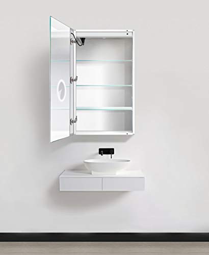 Krugg LED Medicine Cabinet 24 Inch X 36 Inch | Recessed or Surface Mount Mirror Cabinet w/Dimmer & Defogger + 3X Makeup Mirror Inside & Outlet + USB - Left Side