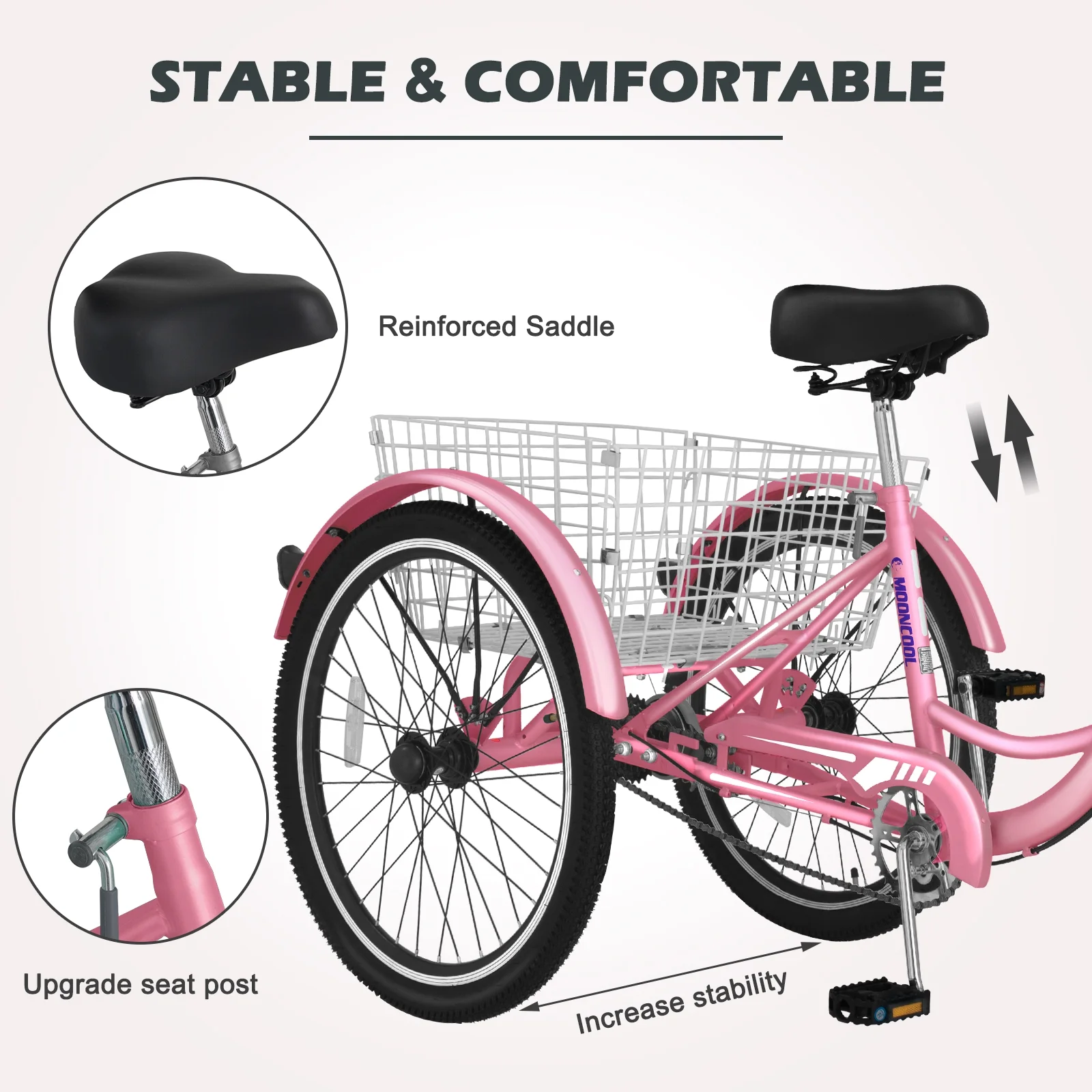 Adult Tricycles Single Speed, Adult Trikes 24 inch 3 Wheel Bikes, Three-Wheeled Bicycles Cruise Trike with Shopping Basket for Seniors, Women, Men