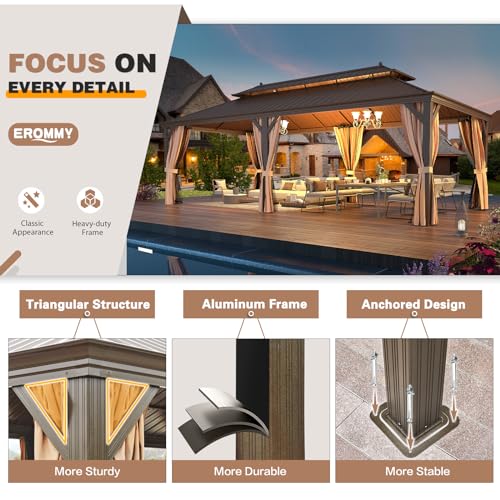 EROMMY 14'x20' Hardtop Gazebo Double Roof Galvanized Steel Canopy Outdoor Aluminum Frame Permanent Metal Pavilion with Netting and Curtains for Patio Backyard Deck and Lawns