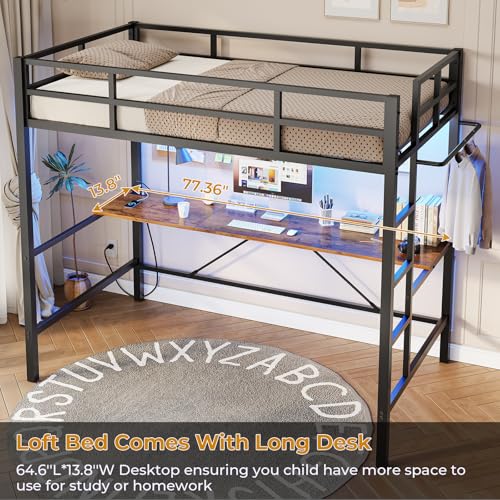 DICTAC Loft Bed with Desk and Led Lights Metal Loft Bed Twin Size with Power Outlet Twin Bed Frame with Top Bunk and Safety Guard & Ladder, Space-Saving,No Noise,No Box Spring Needed, White