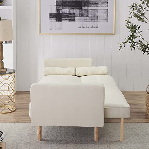 TMEOSK 71” Convertible Futon Sofa Bed, Folding Couch Loveseat Sofa with 2 Throw Pillows, Upholstered Recliner Sleeper Sofa Bed with Removable Armrests for Home Living Room Dorm Office (Beige)