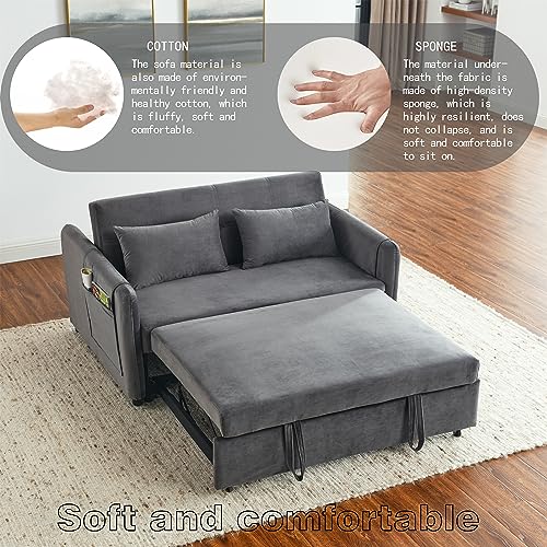 3-in-1 Versatile Convertible Sofa Bed, Velvet Double Sofa with Pull-out Bed, Futon Couch with Adjustable Backrest and Side Pocket,Loveseats Sofa Bed,Square Arms, for Living Room Apartment, Grey