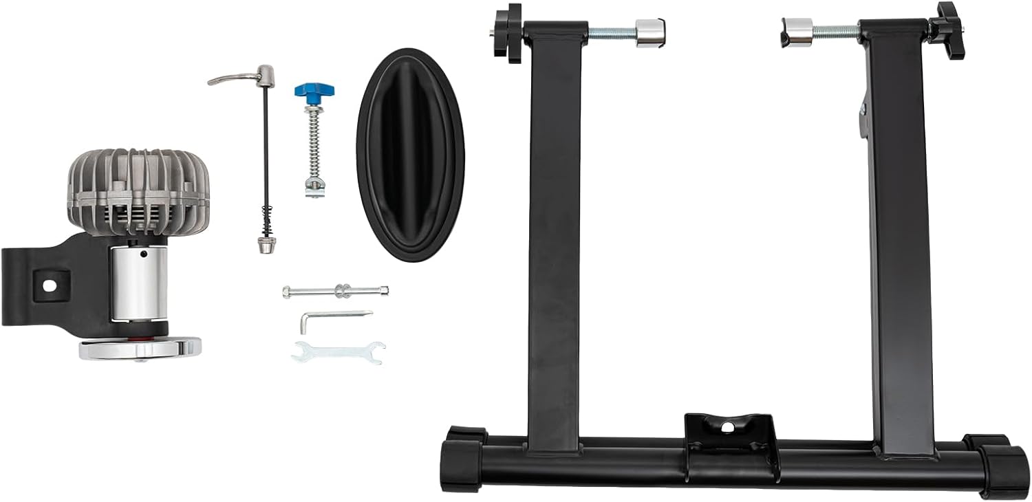 Indoor Bike Trainer Stand Magnetic Stationary Bike Stand for 26-29" & 700C Wheels Portable Indoor Bike Trainer for Indoor Riding with Quick Release Lever & Front Wheel Riser Block