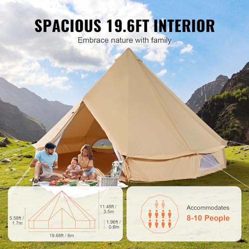 VEVOR Canvas Bell Tent, 4 Seasons 6 m/19.68 ft Yurt, for Camping with Stove Jack, Holds up to 10 People, Family Camping Outdoor Hunting Party