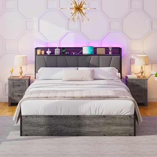 Full Size Lift Up Storage Bed Frame with LED Lights, Linen Upholstered Headboard with Charging Station, Wooden LED Light Platform Bed Frame, No Spring Box Needed/Noise Free, Black