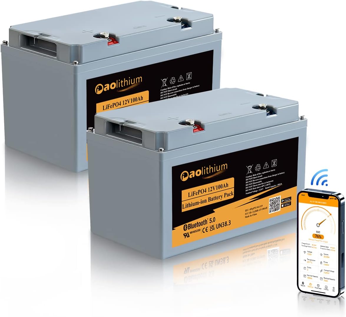 Aolithium 100ah Lithium Battery 12V LiFePO4 Battery with Bluetooth APP 4000 Cycles Maintenance-FreeBattery with Built-in BMS Perfect for RV Solar Marine UPS Off-Grid Applicatins