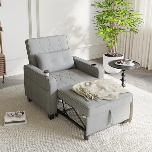 3-in-1 Convertible Sofa Chair Bed, Pull Out Leather Recliner Sleeper Sofa Chair Bed Couch with Cup Holders, USB & Type C Port,Side Pockets, Perfect for Living Room,Bedroom,Office (Black)