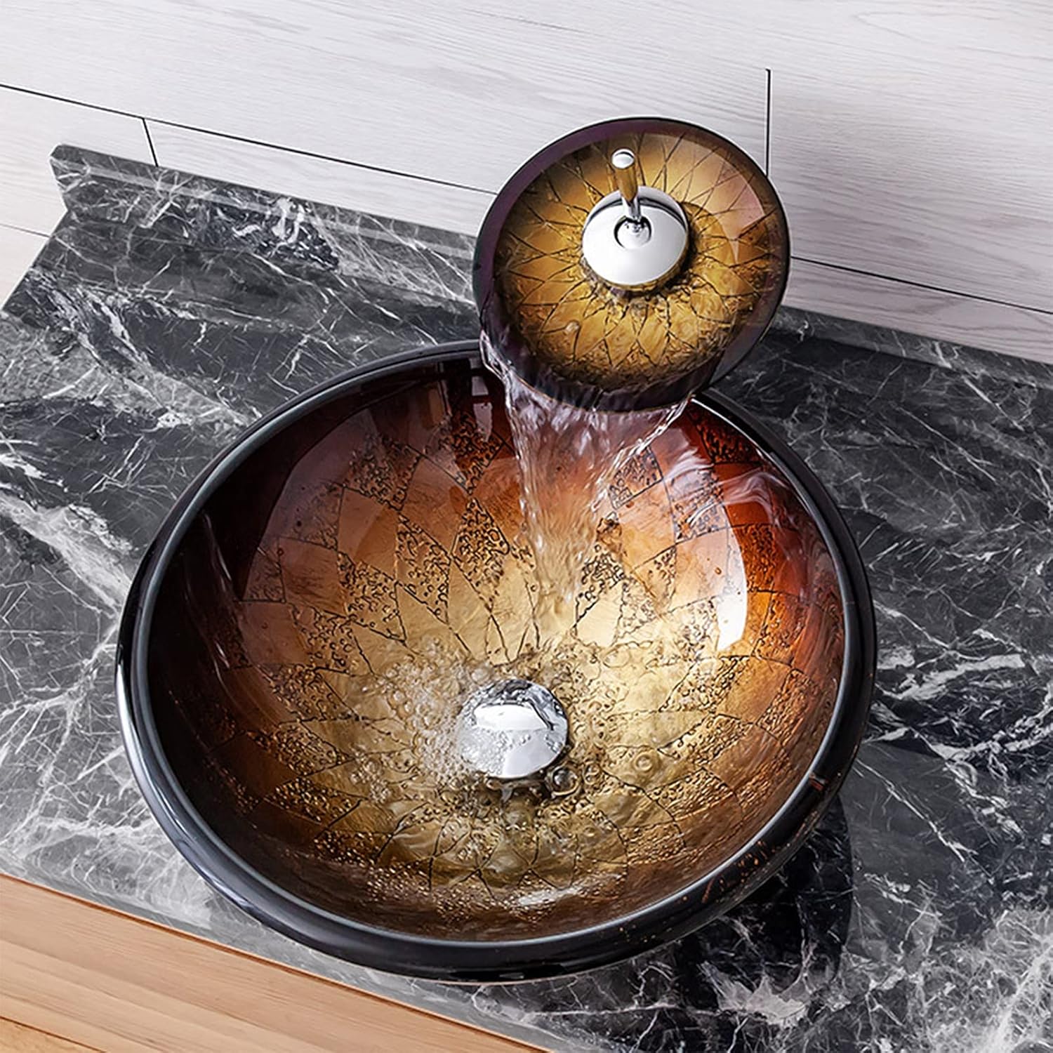 Bathroom Vessel Sink, American Style Tempered Glass Round Vessel Sink with Waterfall Faucet and Pop Up Drain, Counter Top Installation,B