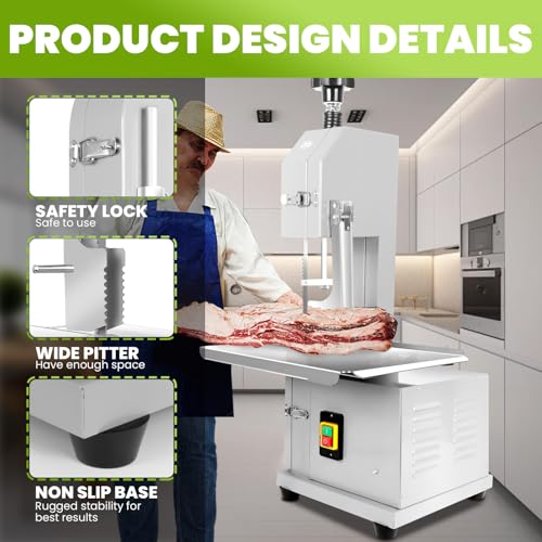 Bone Saw Meat Cutter, 1500W Industrial Butcher Tool Meat Saw, 0.04-7.8 In Cutting thickness Meat Band Saws, 330-441 LBS/H High Speed for Butchering for Ribs/Beef/Poultry