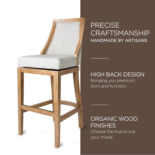 Maven Lane Vienna 26 Inch Tall Counter Height Rotating High Back Barstool in Weathered Oak Finish with Sand Color Fabric Upholstered Seat, Set of 2