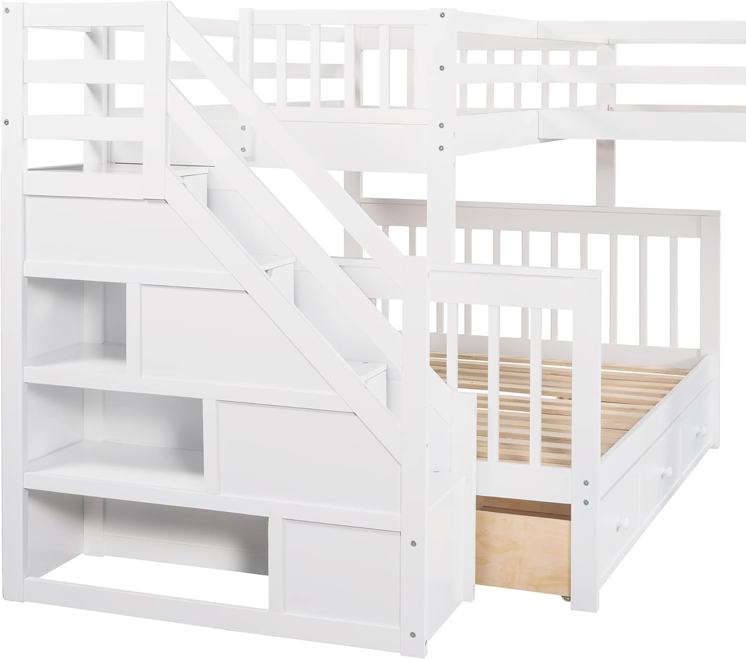 L Shaped Bunk Beds For 3, Triple Bunk Bed With Stairs And 3 Storage Drawers, Over Full Bunk Bed With Size Loft Bed Attached, Wooden Bunk Bed Frame For Kids Teens Adults (White)