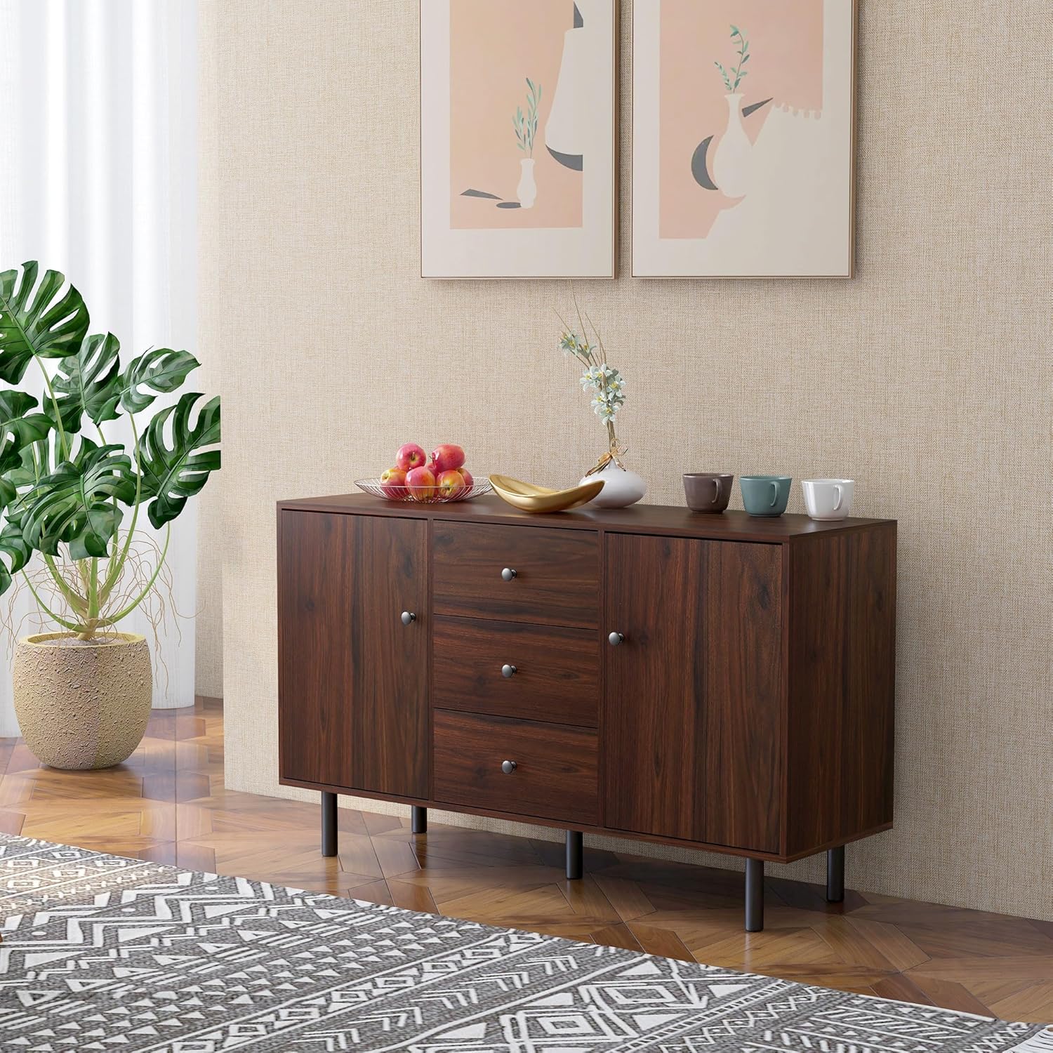 HOMCOM Sideboard Buffet Cabinet, Kitchen Cabinet with 2 Cupboards, 3 Drawers and Adjustable Shelves, Coffee Bar Cabinet for Living Room, Entryway, Brown