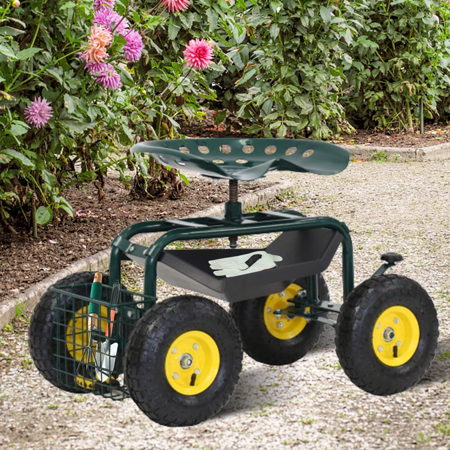 Garden Cart with Tool Tray and Storage Basket on Wheels Rolling Work Seat Heavy Duty Scooter with Handle