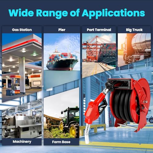 Fuel Hose Reel with Fueling Nozzle 1" x 33' Retractable Diesel Hose Reel Auto Rewind Spring Driven,300 PSI Industrial Heavy Duty Steel Construction Reels for Truck Farm Aircraft Ship Vehicle Tank
