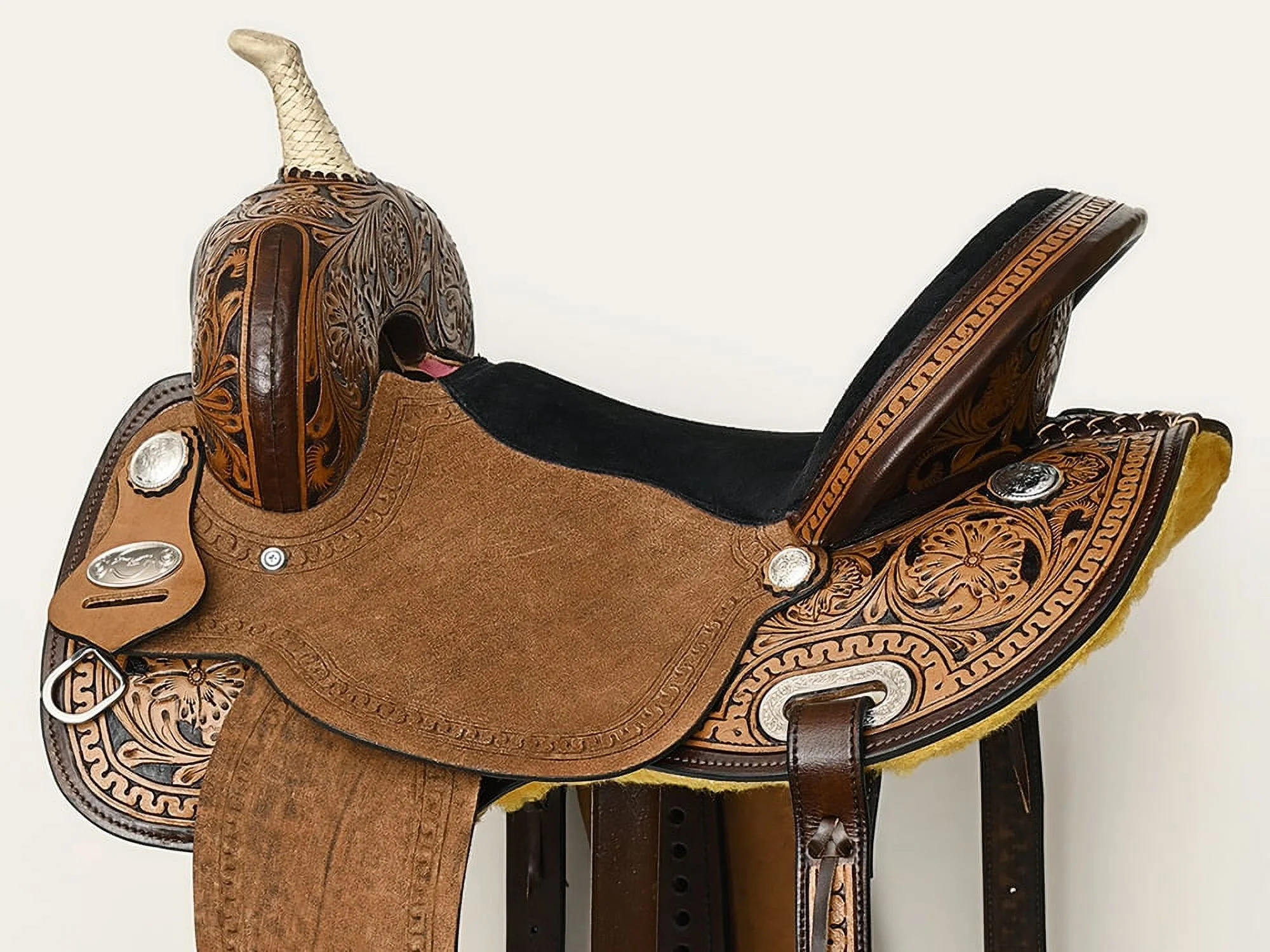 16ZI 17 In Comfytack Western Horse Barrel Racing Trail Pleasure  American Leather Saddle Tack Set With Reins Dark Brown