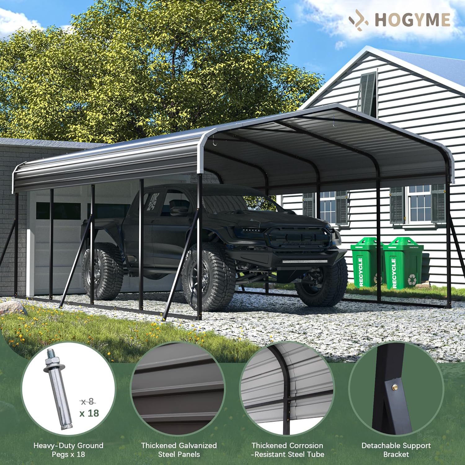 Carport 12x20 FT Heavy Duty Carport Canopy with Updated Frame Structure Galvanized Steel Roof and Enhanced Base, Metal Carport Garage for Pickup, Boat, Car and Tractors, Grey