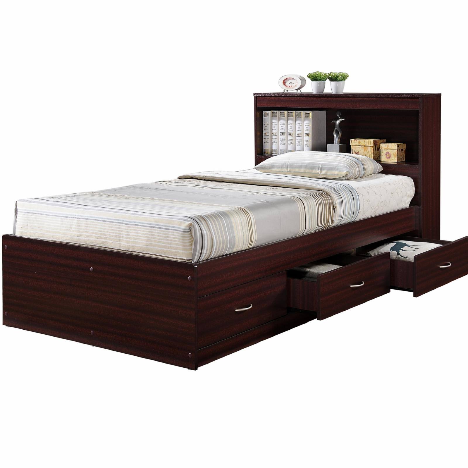 Hodedah Twin-size Captain Bed with 3-Drawers and Headboard (Mahogany)