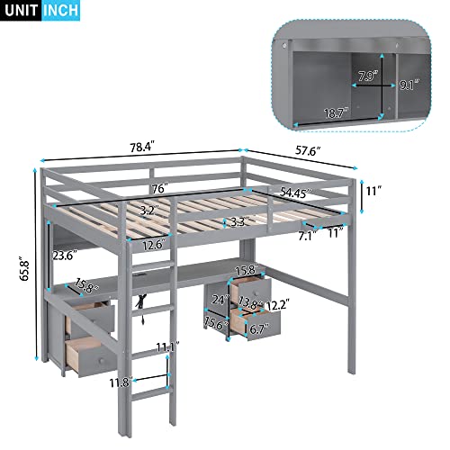 Full Size Loft Bed with Desk and Storage, Wooden Loft Beds Frame with Charging Station, High Loft Beds with 4 Drawers & 4 Shelves & 2 Outlets & 2 USB Port for Kids Teens Adults, Gray