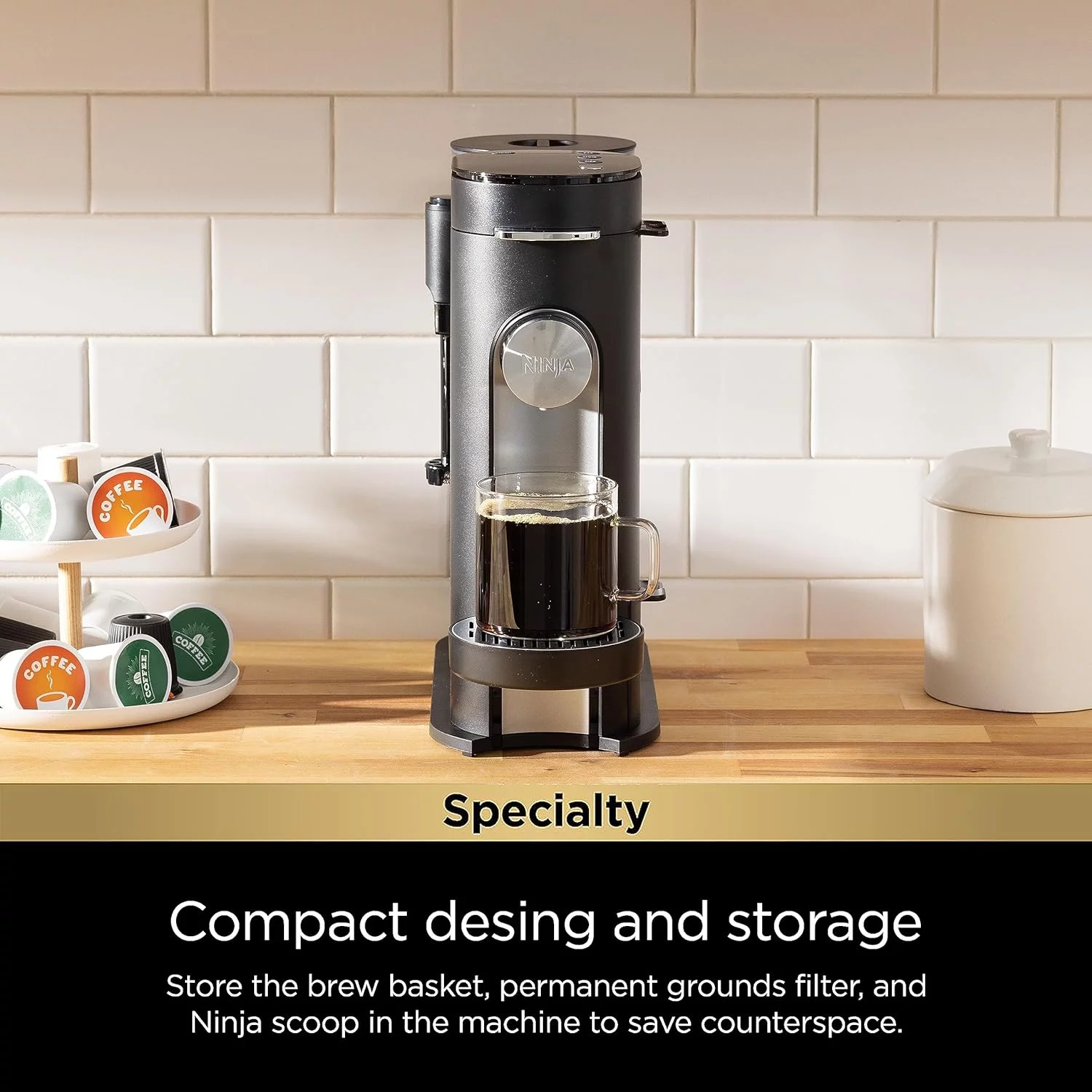 Ninja PB051 Pods & Grounds Specialty Single-Serve Coffee Maker, K-Cup Pod Compatible, Built-In Milk Frother, 6-oz. Cup to 24-oz. Travel Mug Sizes, Black