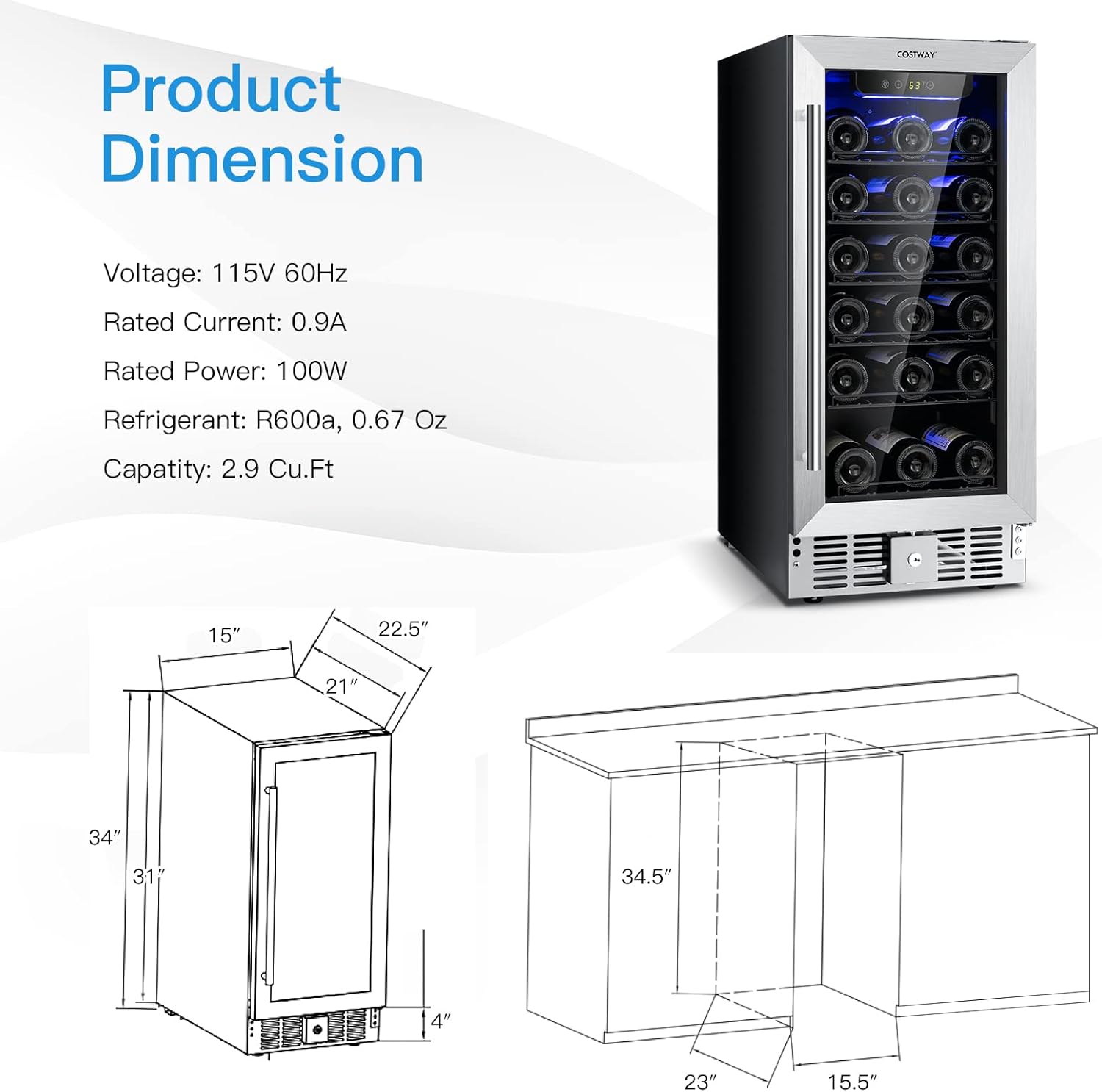 COSTWAY 15 Inch Wine Cooler Refrigerator, 30 Bottles Stainless Steel Wine Cellar with Lock, Tempered Glass Door, Built-in & Freestanding Compressor Mini Wine Fridge for Home Bar Office