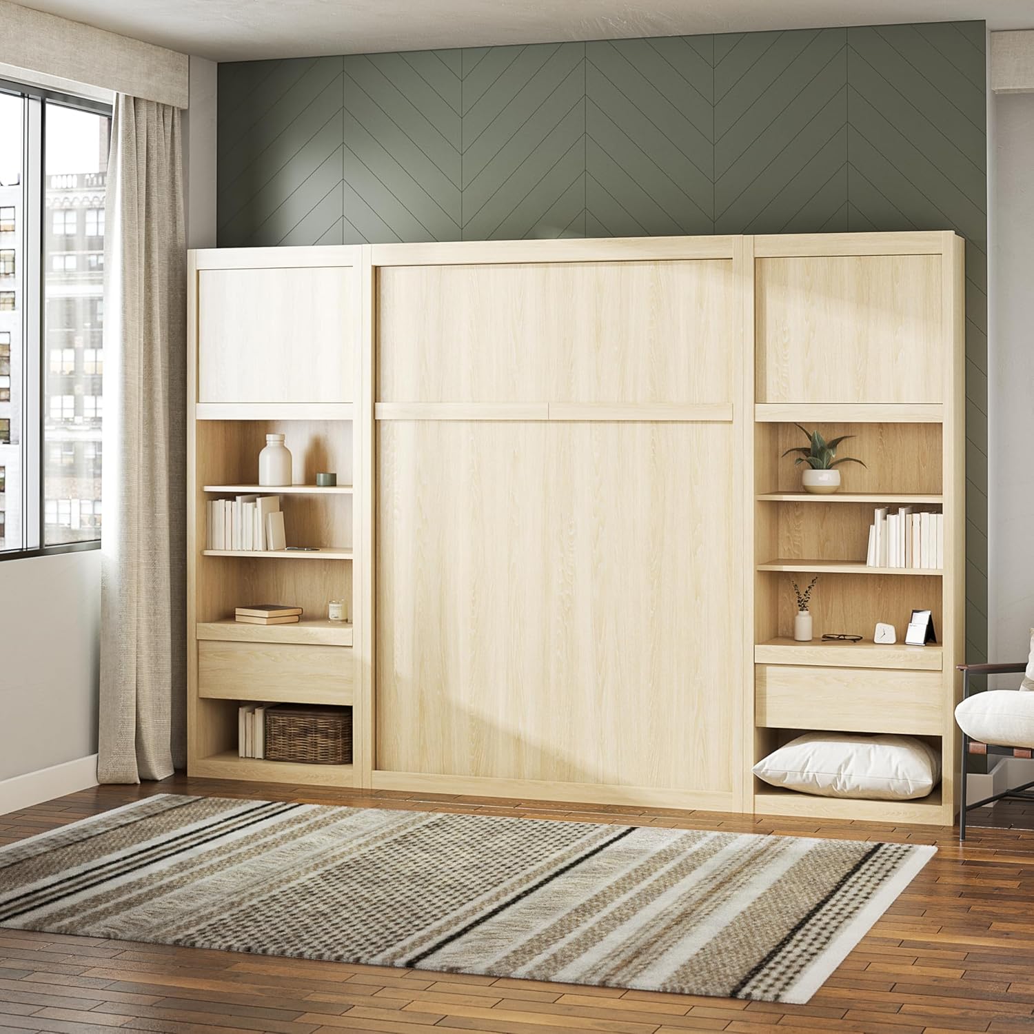 Signature Sleep Full Size Murphy Wall Bed with Wooden Slats in Engineered Wood, with Storage and Charging Station in Light Oak, No Box Spring Needed, Easy Assembly, Up to 600 lbs Weight Capacity