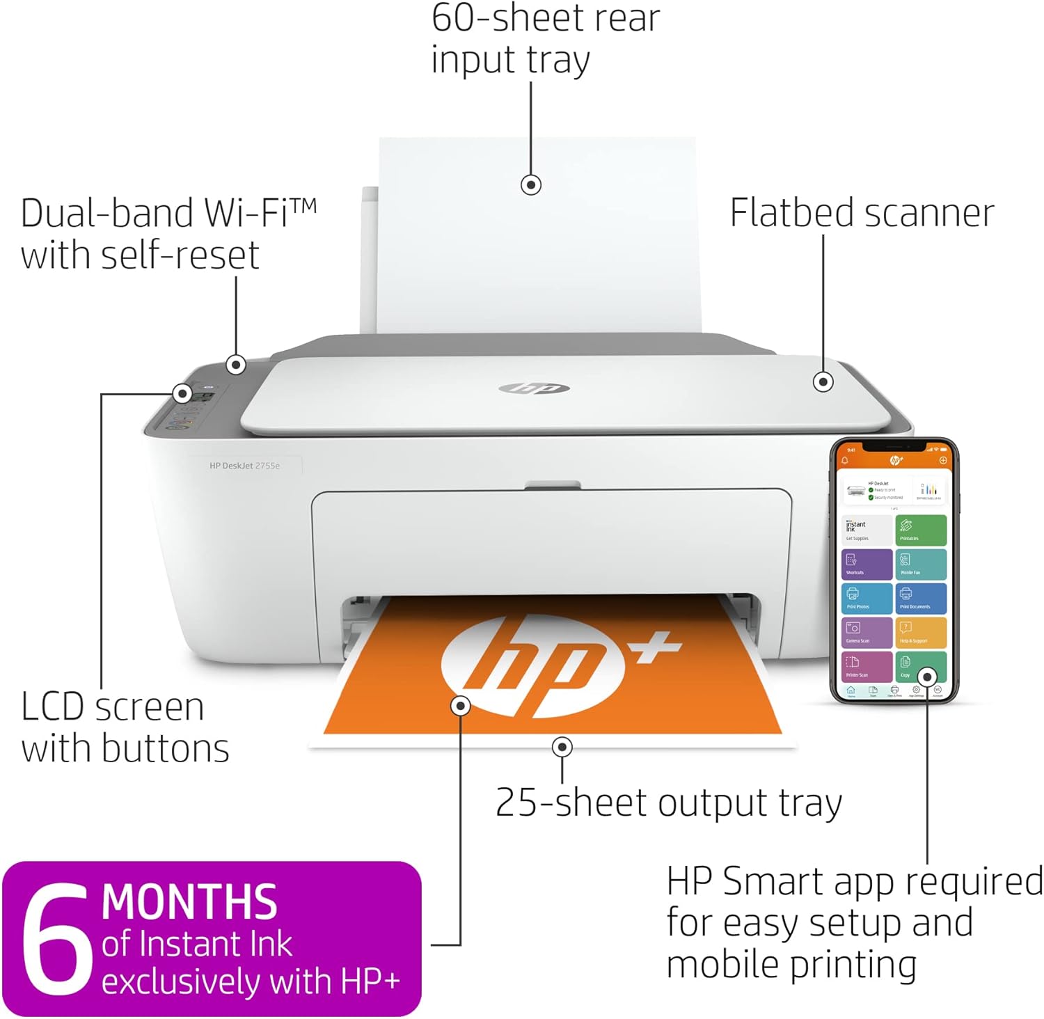 HP DeskJet 2755e Wireless Color All-in-One Printer with bonus 6 months Instant Ink with HP+ (26K67A) Pack of 2