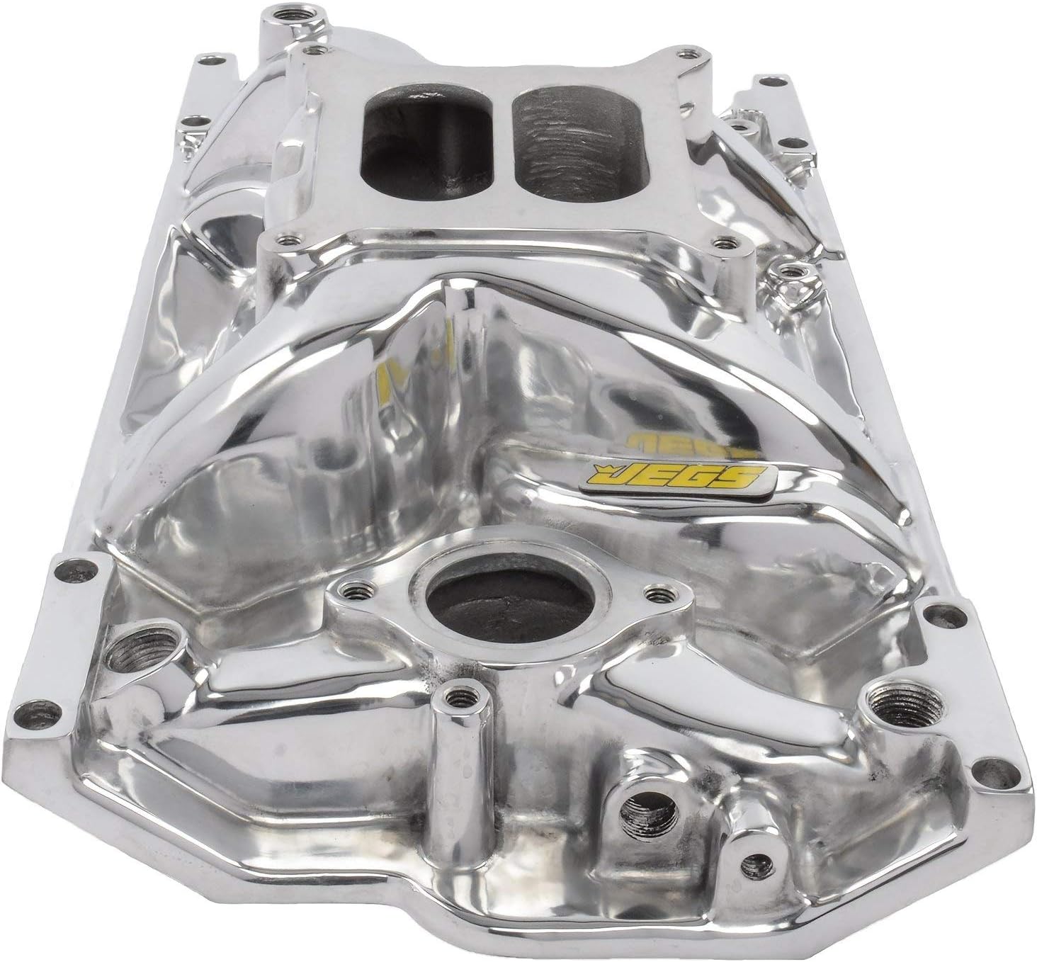 JEGS Small Block Chevy 1996-2002 Intake Manifold | For Use With Vortec Cast Iron Cylinder Heads | Non-EGR Design | Idle - 5500 RPM Power Range | Polished Aluminum | Square Bore Carburetor Mounting Pad