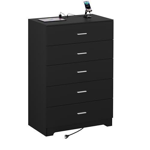 Dresser for Bedroom with Power Outlets Wood 5 Drawer Dresser with Large Storage Space Black Chest of Drawers with Smooth Metal Rail Tall Storage Organizer for Bedroom Living Room Closet