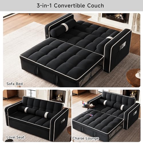 3 in 1 Sleeper Sofa Bed - Convertible Love Seat Couch with Side Table, Tufted Futon Sofa w/Pullout Bed, Adjustable Backrest, Cylinder Pillows, Small Sofa for Living Room, Apartment (Orange)