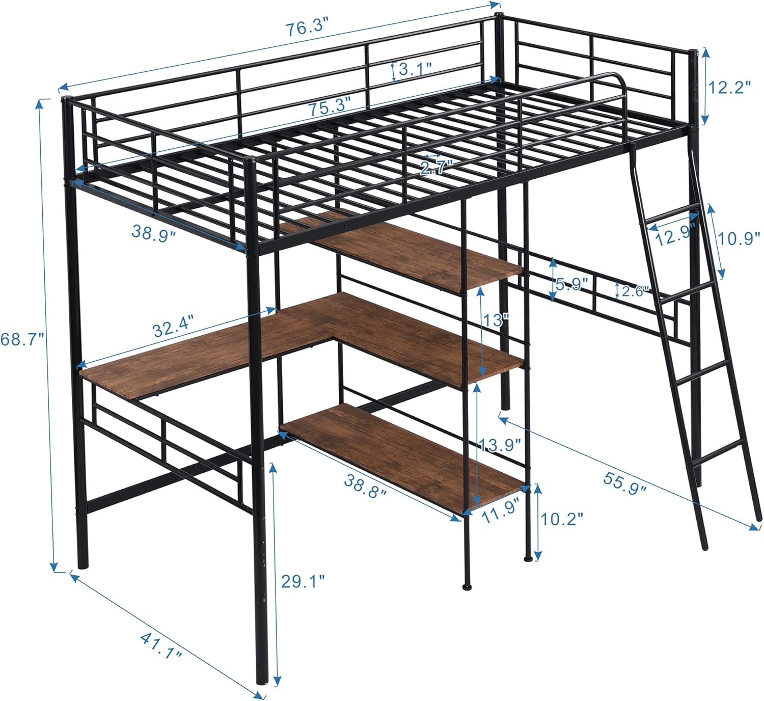 Twin Size Loft Bed with Built-in Desk and Shelves, Metal High LoftBed Frame w/Large Storage Space for Bedroom Guest Room Dorm, Black