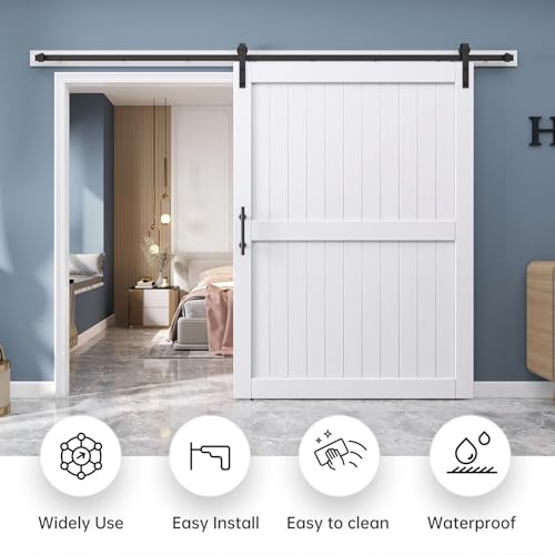 EaseLife 54 x 84 inch White Barn Door with 9FT Sliding Door Hardware Kit Included & Handle,Solid Wood Covered with Waterproof PVC Surface,DIY Assemblely,Easy Install,H-Frame,Fit 50-52in Wide Opening