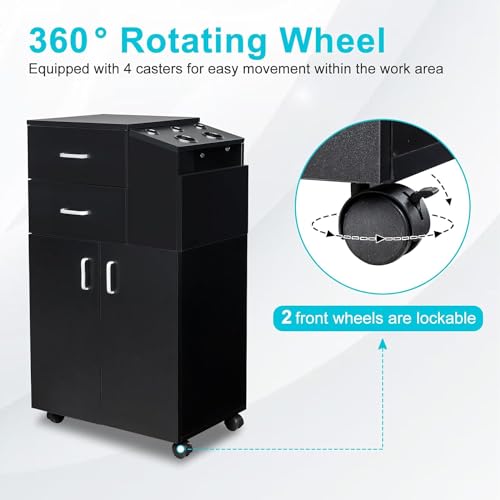 Salon Trolley Cart with Wheels, Salon Station Rolling Cart with 5 Hair Dryer Holders, 2 Drawers, 1 Large Cabinet (White)