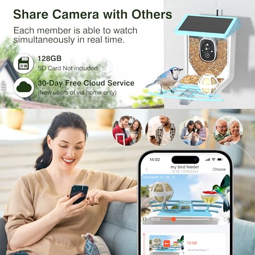 Bird Feeder with Camera, 1296P HD AI Identify Smart Bird Feeder Solar Powered, Auto Capture Bird Videos & Motion Detection, Bird Feeder Camera Wireless Outdoor Gift for Bird Lovers (Blue)